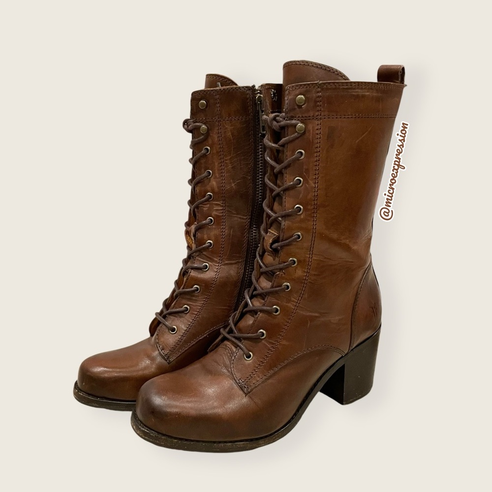 $429 Frye Kendall Lace Up Brown Genuine Leather Mid-Calf Heeled ZipUp Ankle Boot - Picture 11 of 16